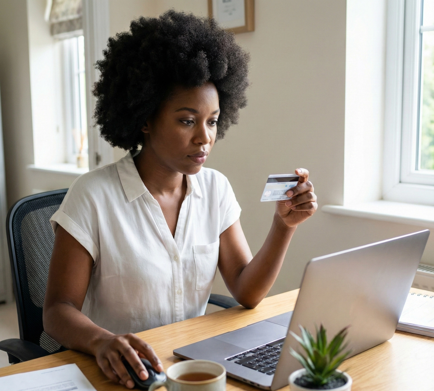 Woman looking at her medical aid card