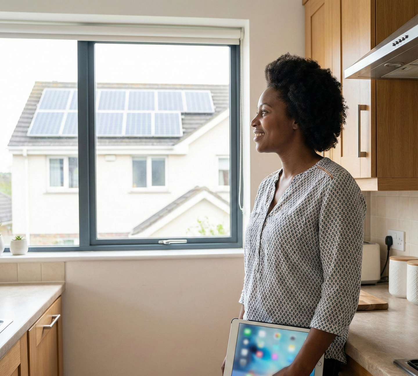 Woman inside the house, solar panels in the house outside
