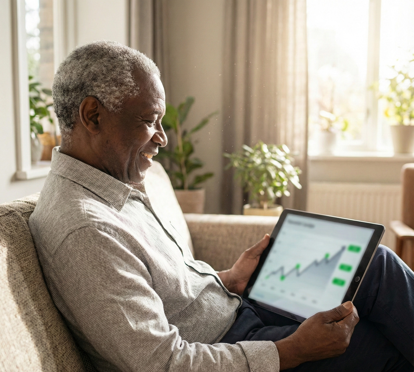 Old man looking at his tablet