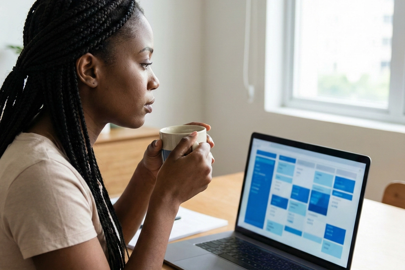 Black woman holding a mug looking at a computer
