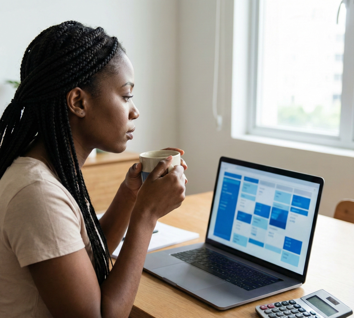 Black woman holding a mug looking at a computer