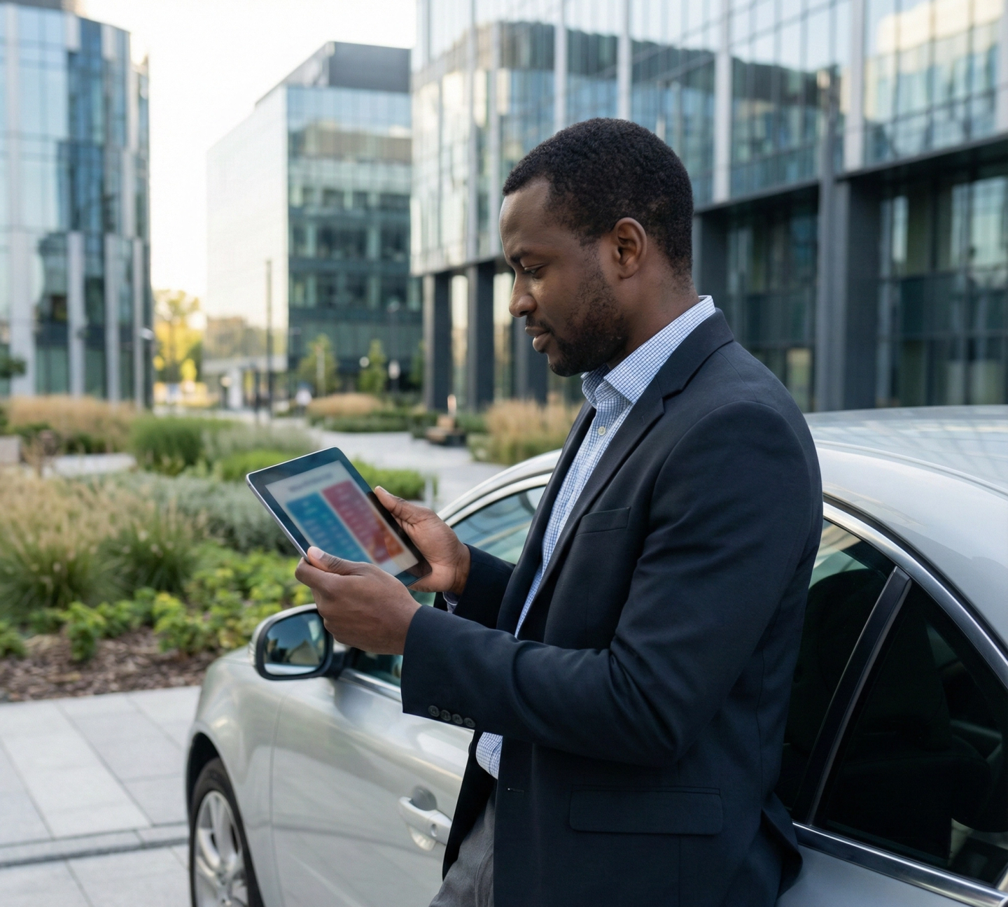Man looking at a tablet, standing outside his car