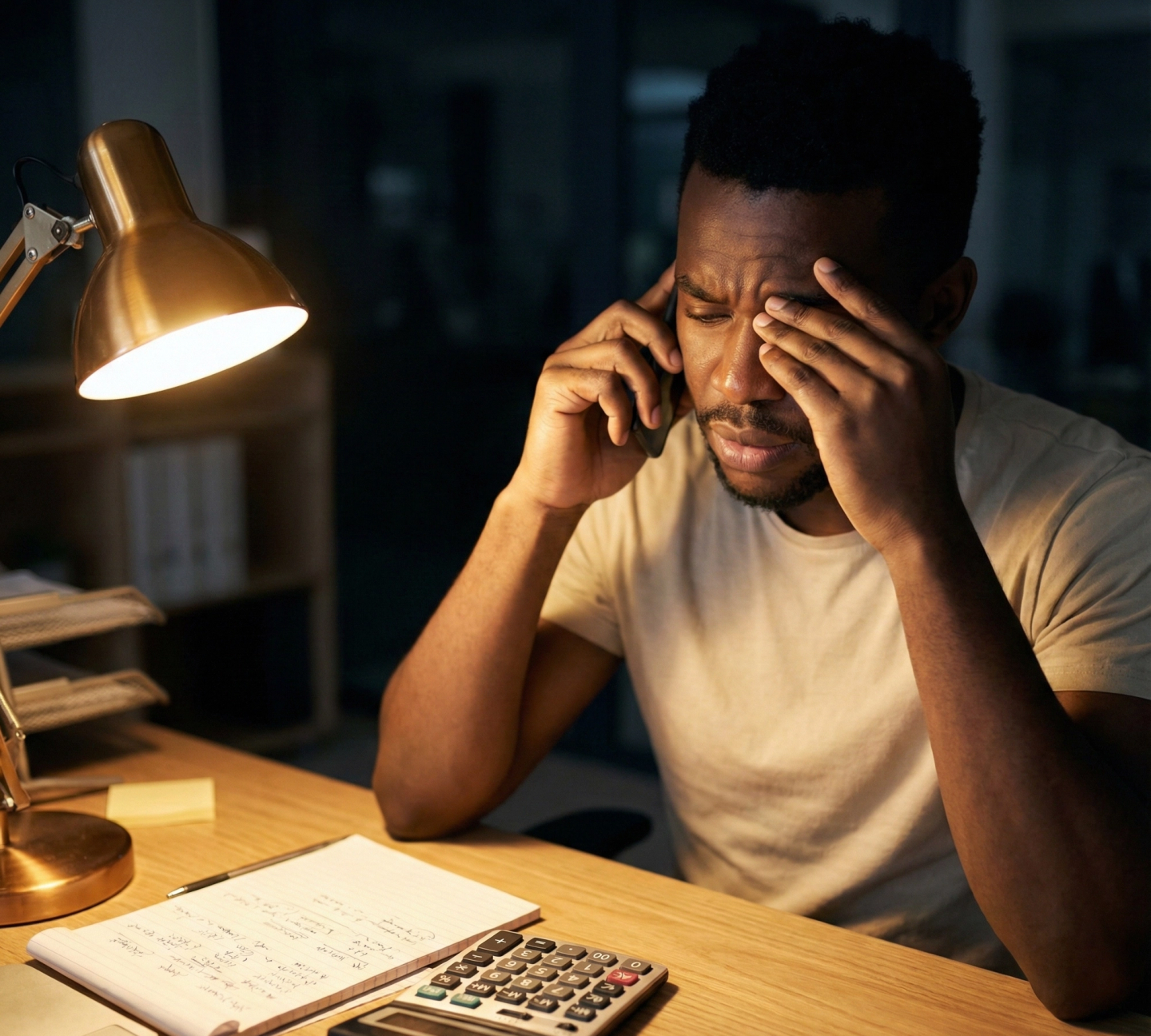 Man at his desk with a clear headache