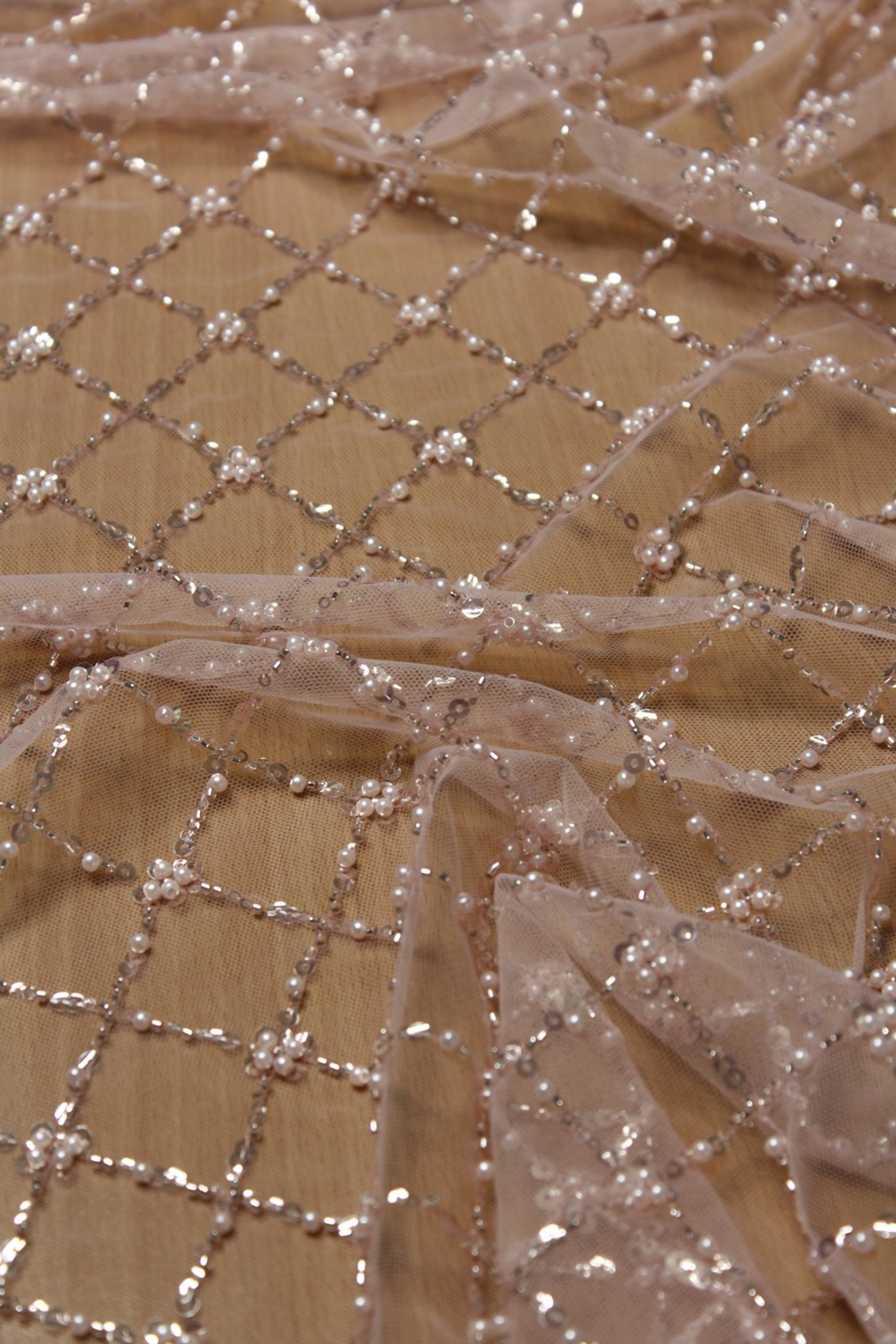 Pearl Grid Embroidery Lace Nude Beige - Image 2