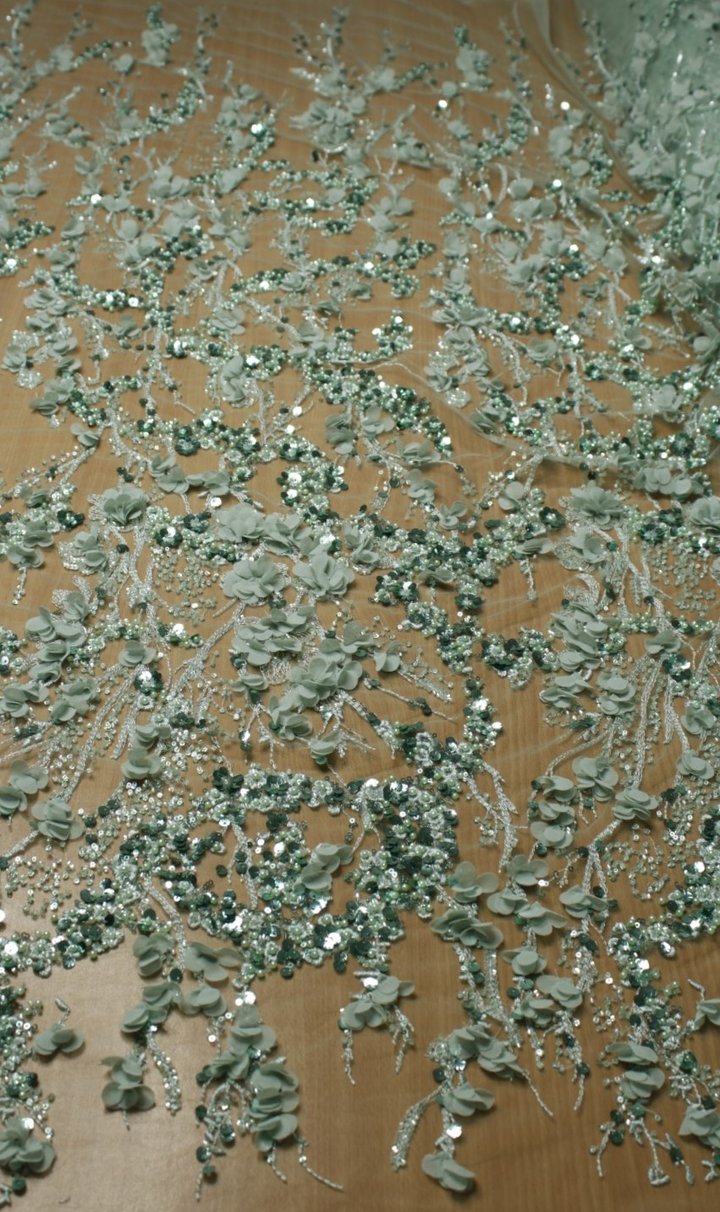 3D Floral Embroidery Lace Sage Green