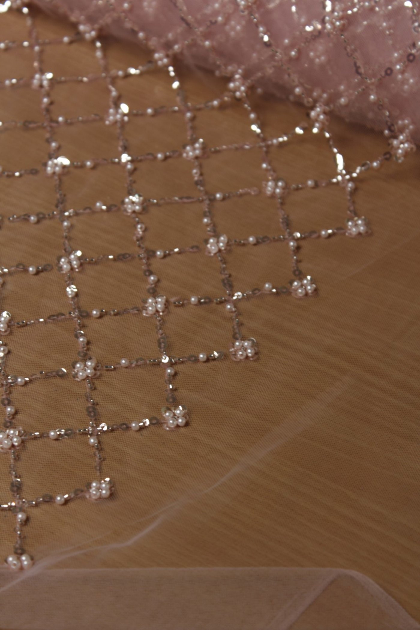 Pearl Grid Embroidery Lace Nude Beige - Image 3