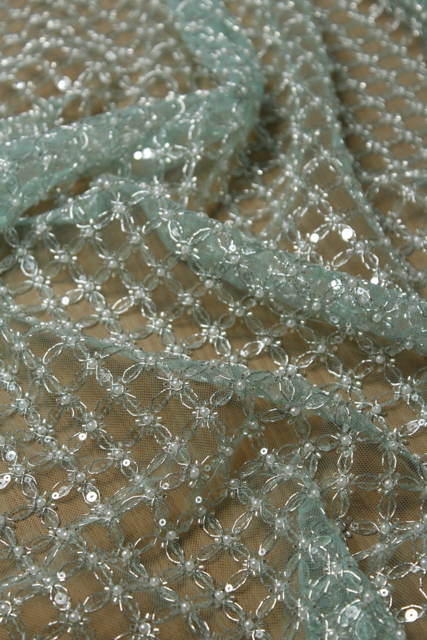 Luxury Pearl Grid Embroidery Lace Crystal Mint - Image 2