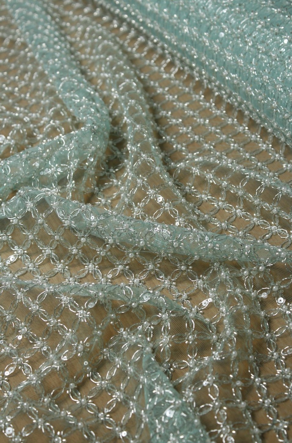 Luxury Pearl Grid Embroidery Lace Crystal Mint
