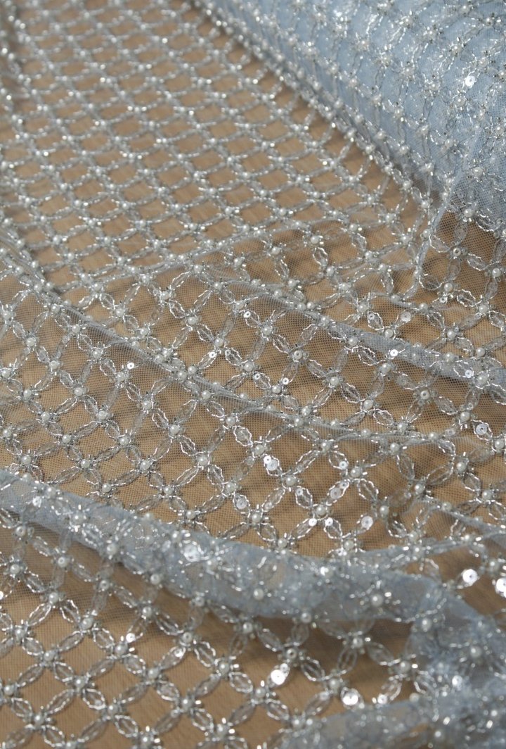 Luxury Pearl Grid Embroidery Lace Silver Ice