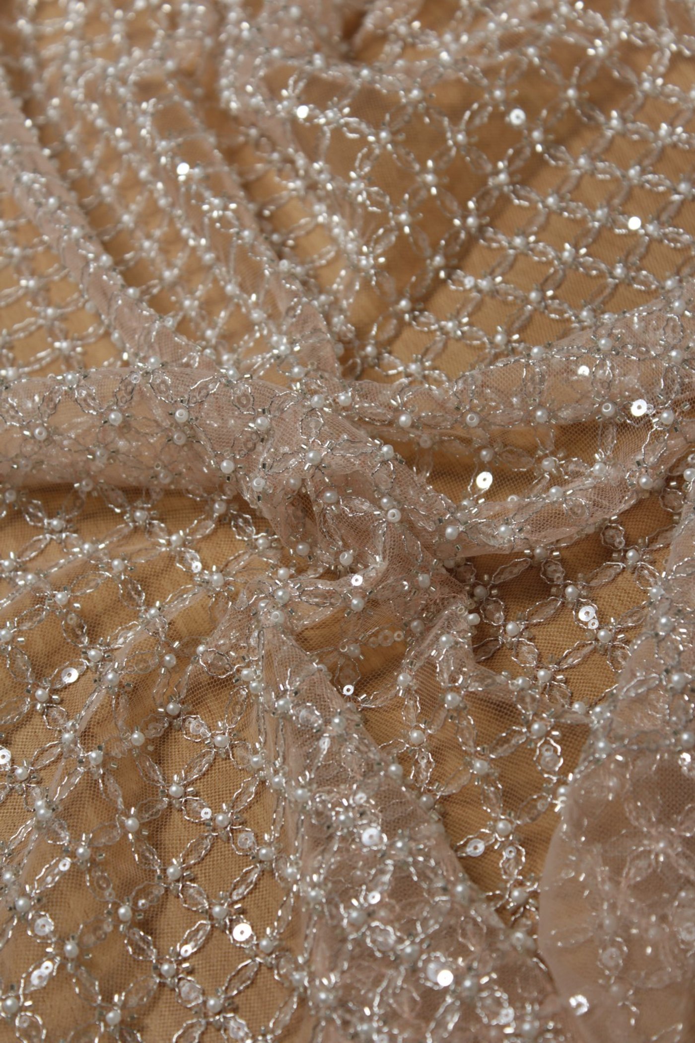 Luxury Pearl Grid Embroidery Lace Champagne Nude - Image 2