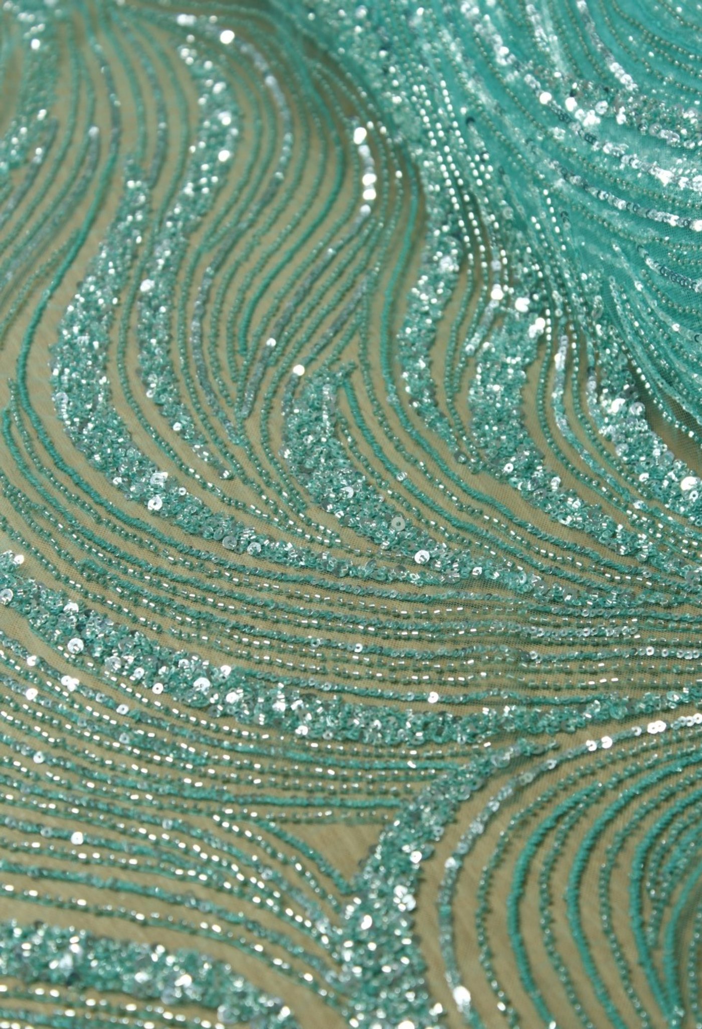 Wave Sequin Embroidery Lace Aqua Mint - Image 3