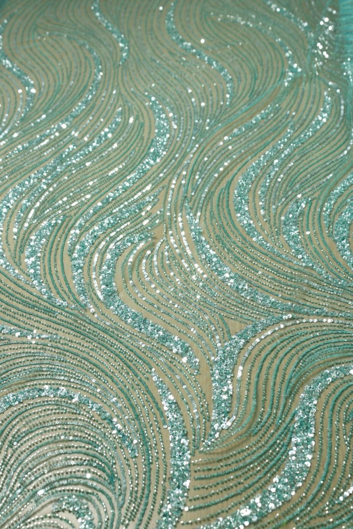 Wave Sequin Embroidery Lace Aqua Mint