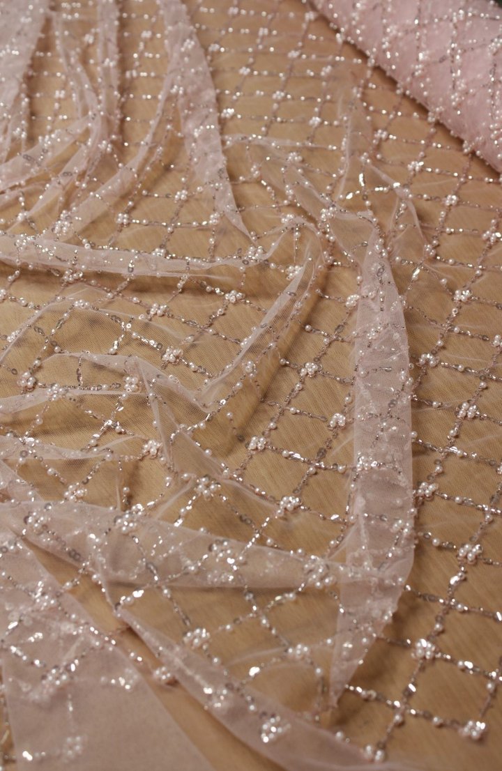 Pearl Grid Embroidery Lace Nude Beige