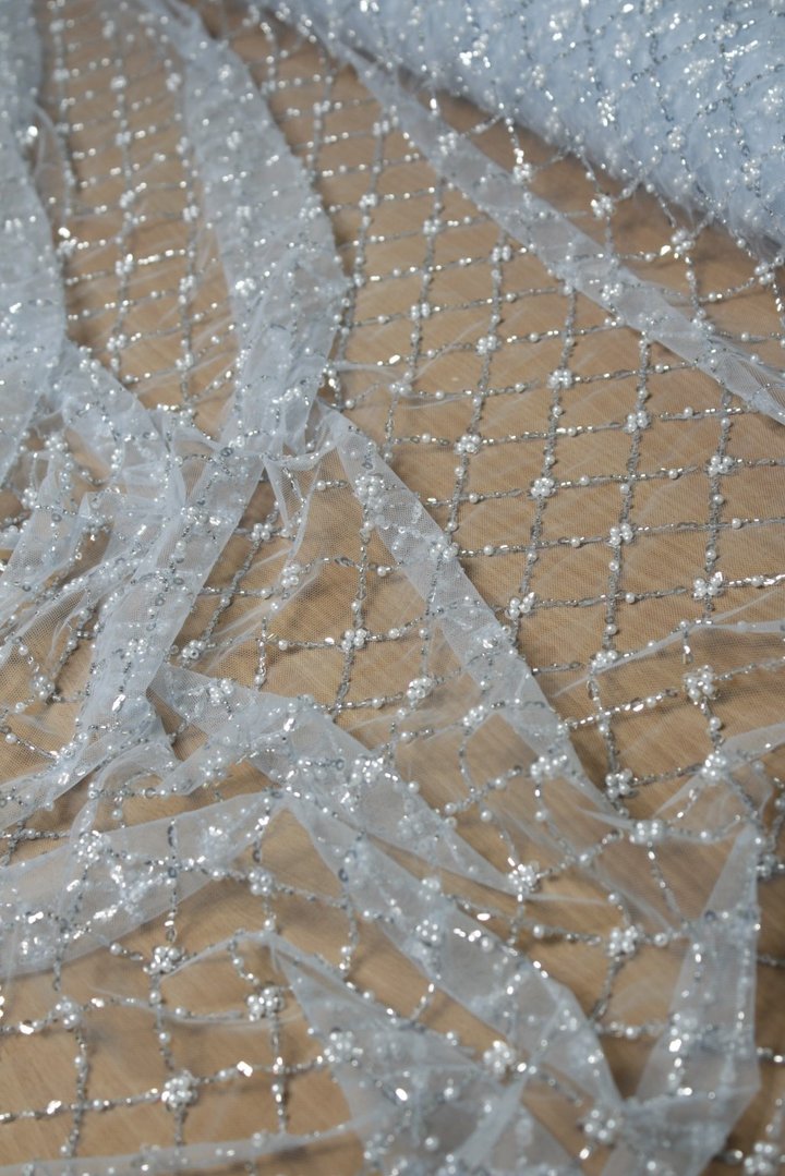 Pearl Grid Embroidery Lace Ice Blue