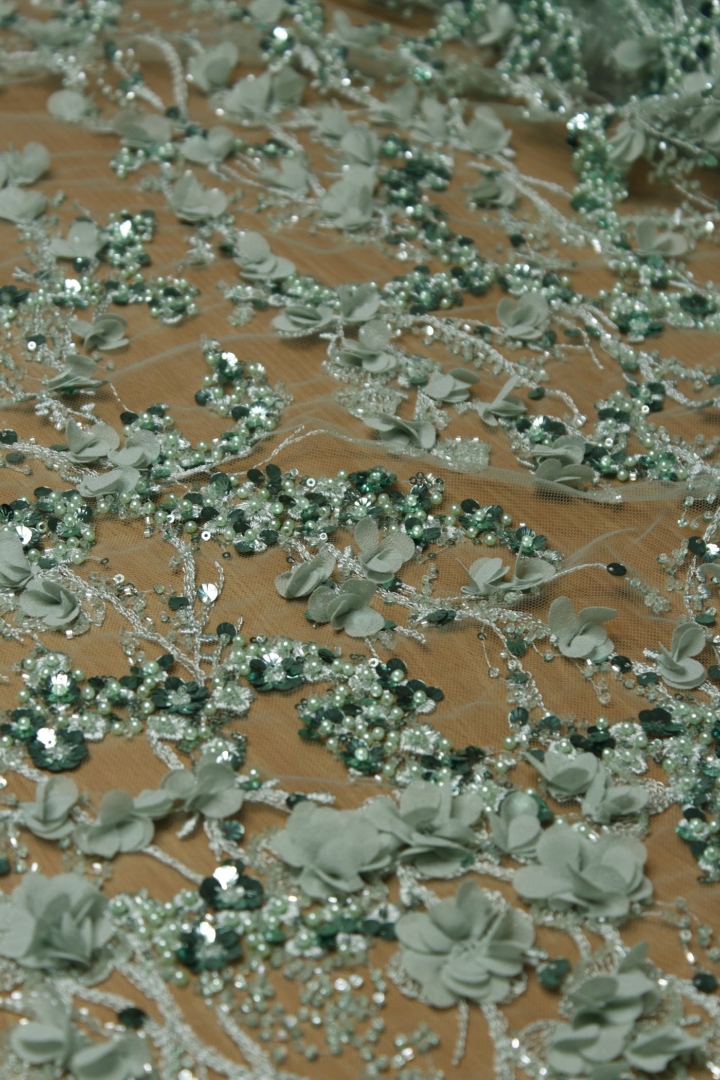3D Floral Embroidery Lace Sage Green - Image 3