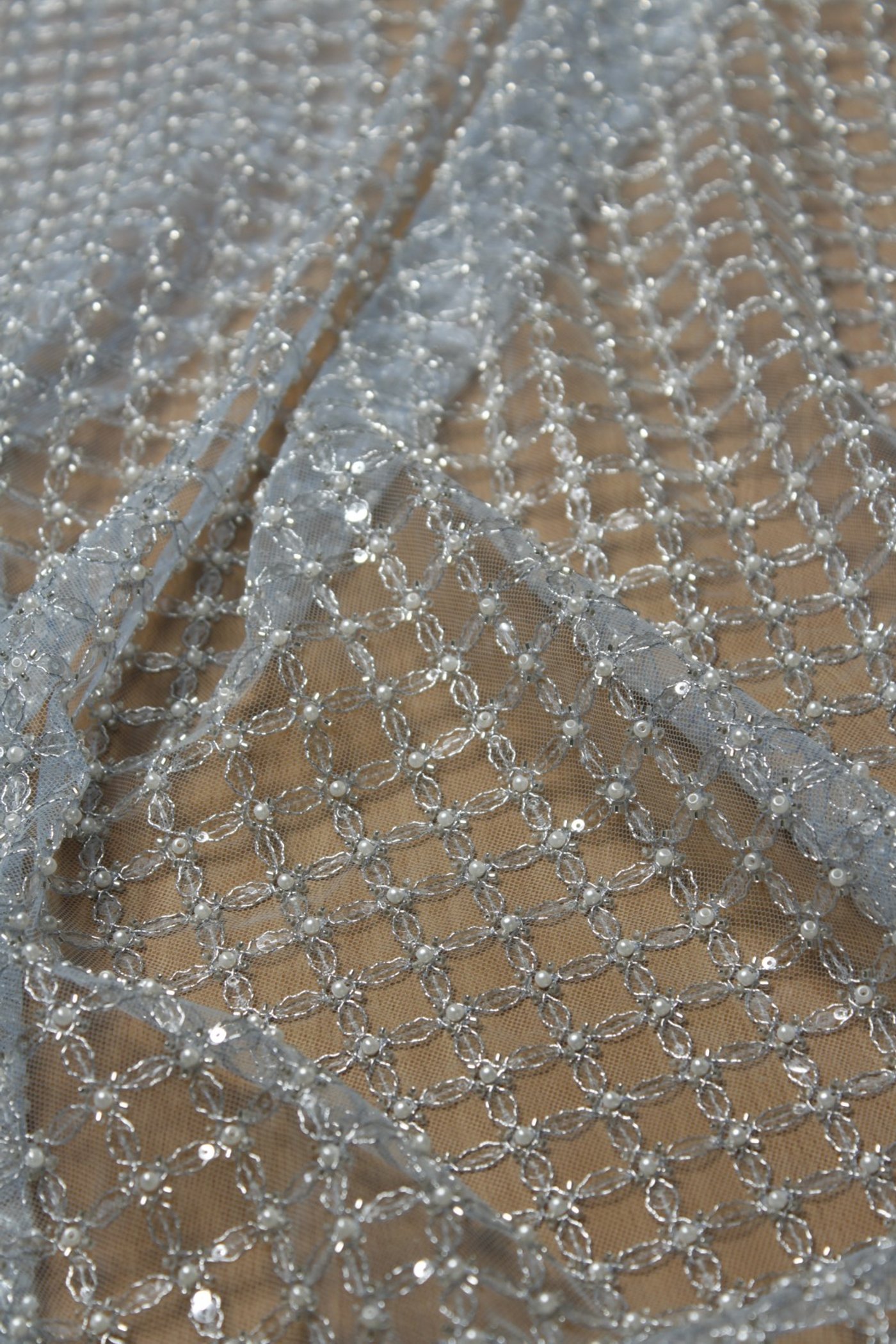 Luxury Pearl Grid Embroidery Lace Silver Ice - Image 2