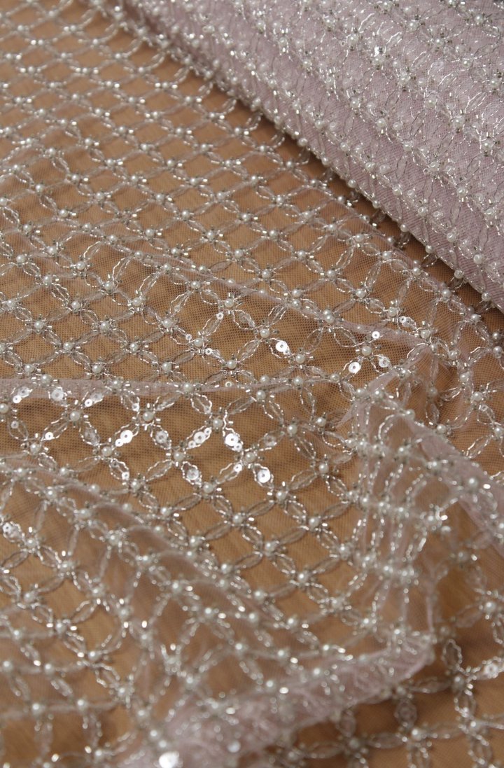 Luxury Pearl Grid Embroidery Lace Soft Blush