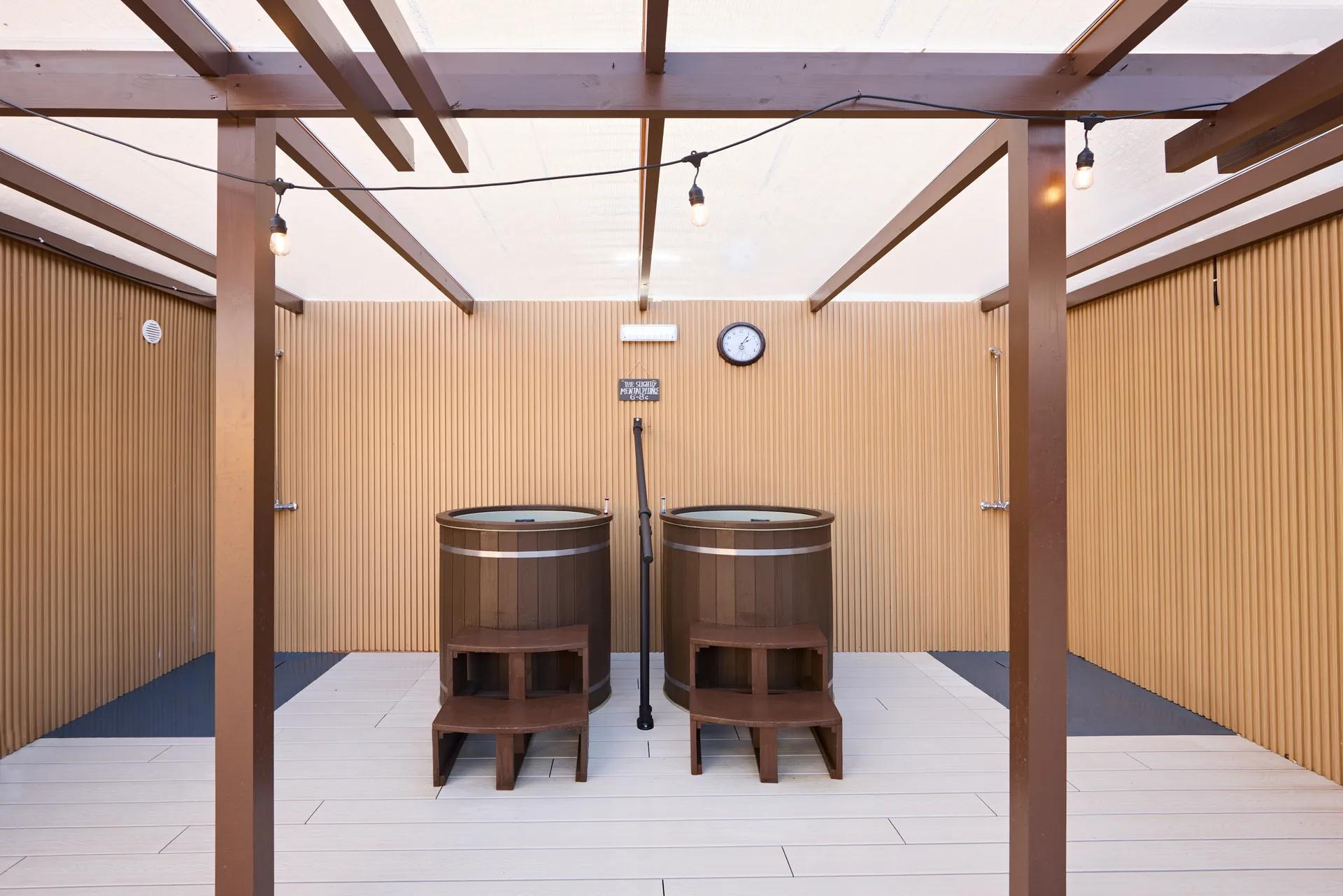 A cold plunge barrel with the lid off