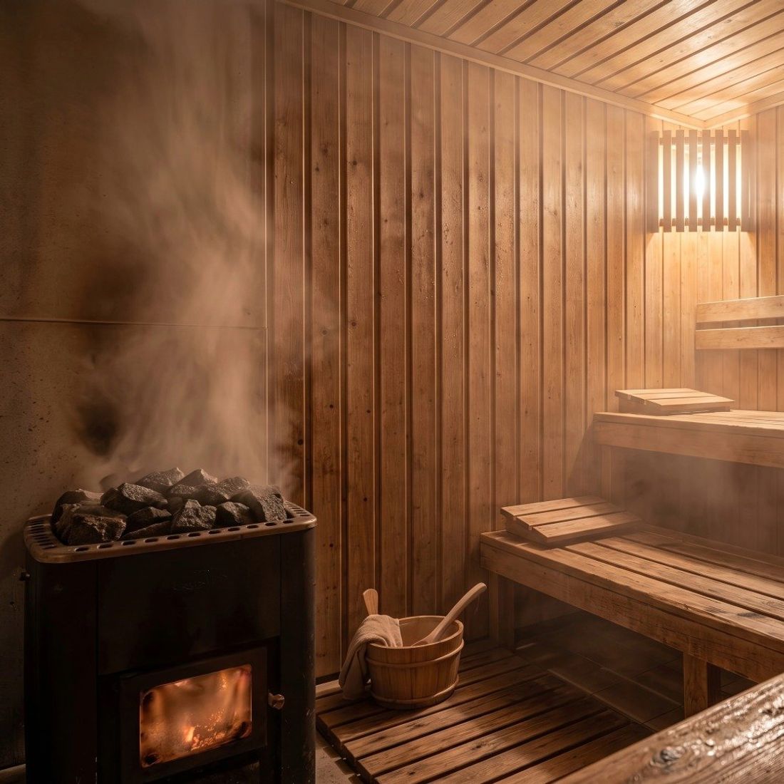 Inside the wood-fired sauna