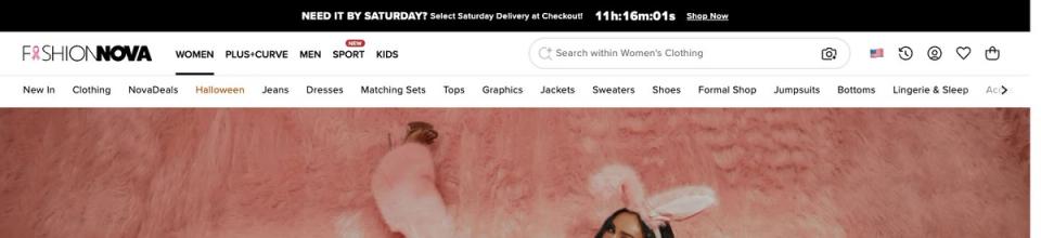 The top of the Fashion Nova homepage on 16 October 2026, showing the main menu with Women, Plus and Curve, Men, Sport and Kids