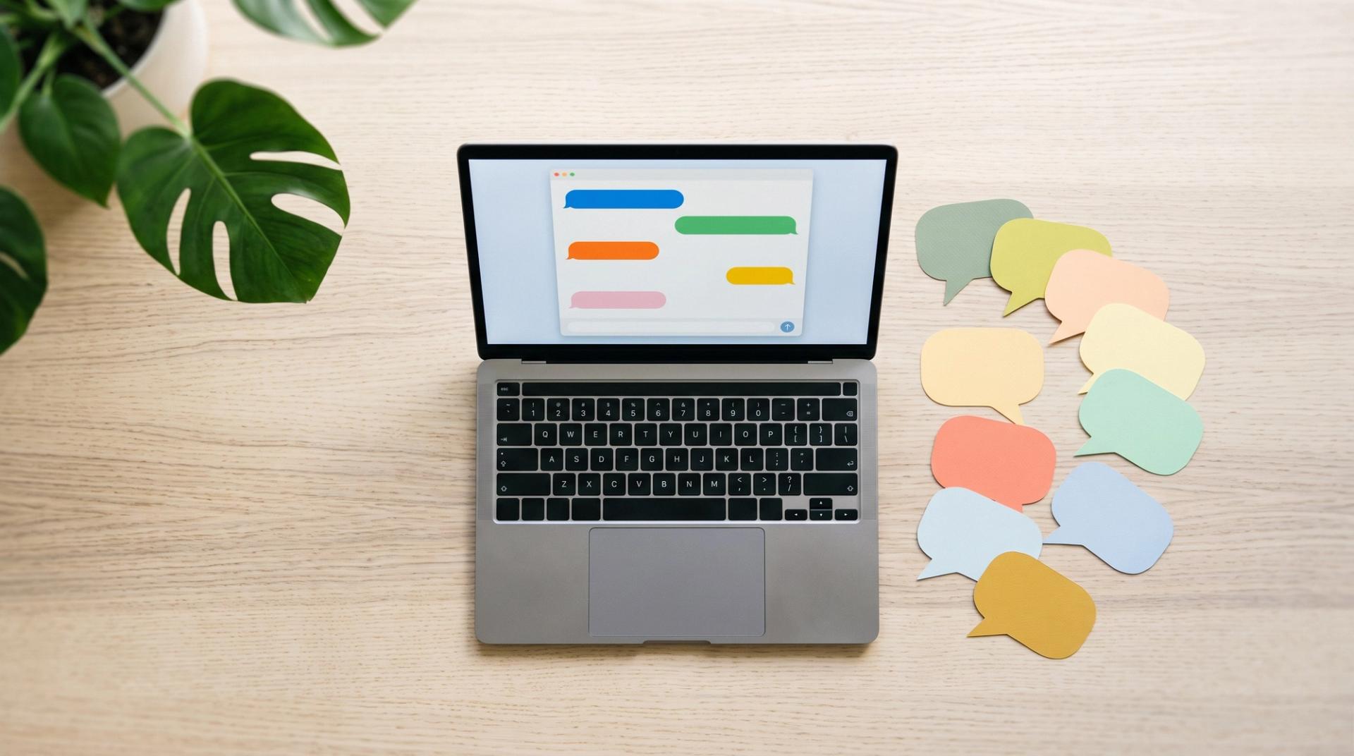 A laptop showing an abstract chat window beside paper speech bubbles in sage, chartreuse, peach and butter on a pale desk