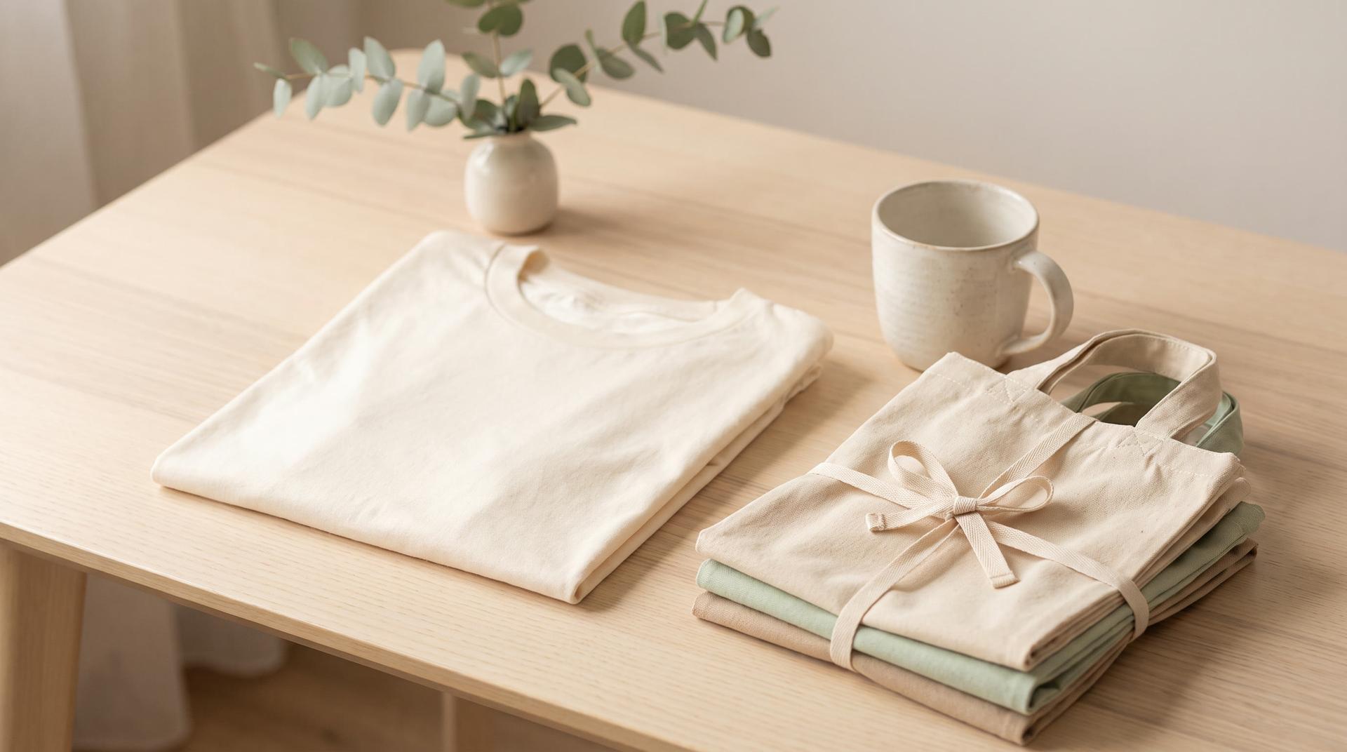 A folded plain cotton t-shirt, a ceramic mug and a stack of canvas tote bags on a light wooden desk