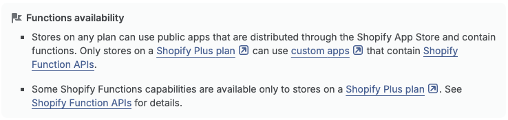 The Shopify Functions availability note: any plan can use public apps with functions, only Plus can use custom apps with Function APIs