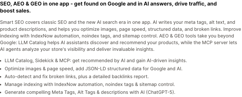 Smart SEO listing text describing meta tags, alt text, JSON-LD, broken links and indexing tools
