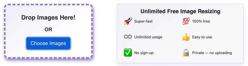 Bulk Resize Photos home page with a drop area and the claims free, unlimited, no sign-up and no uploading