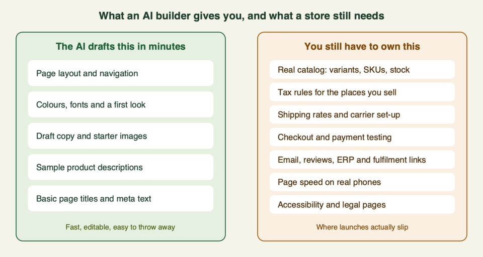 A two-column diagram. Left: what the AI drafts in minutes, such as layout, colours, copy, sample product descriptions and basic page titles. Right: what you still own, such as real catalog data, tax rules, shipping, checkout testing, integrations, page speed and accessibility.