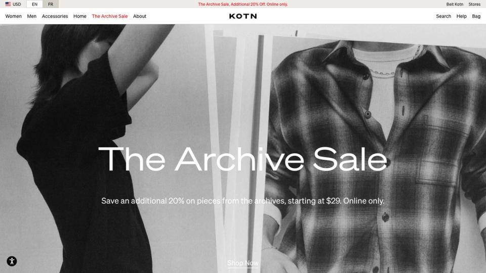 Screenshot of the Kotn homepage, taken on 16 October 2026