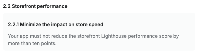 Shopify developer docs showing the rule that an app must not reduce the storefront Lighthouse score by more than ten points