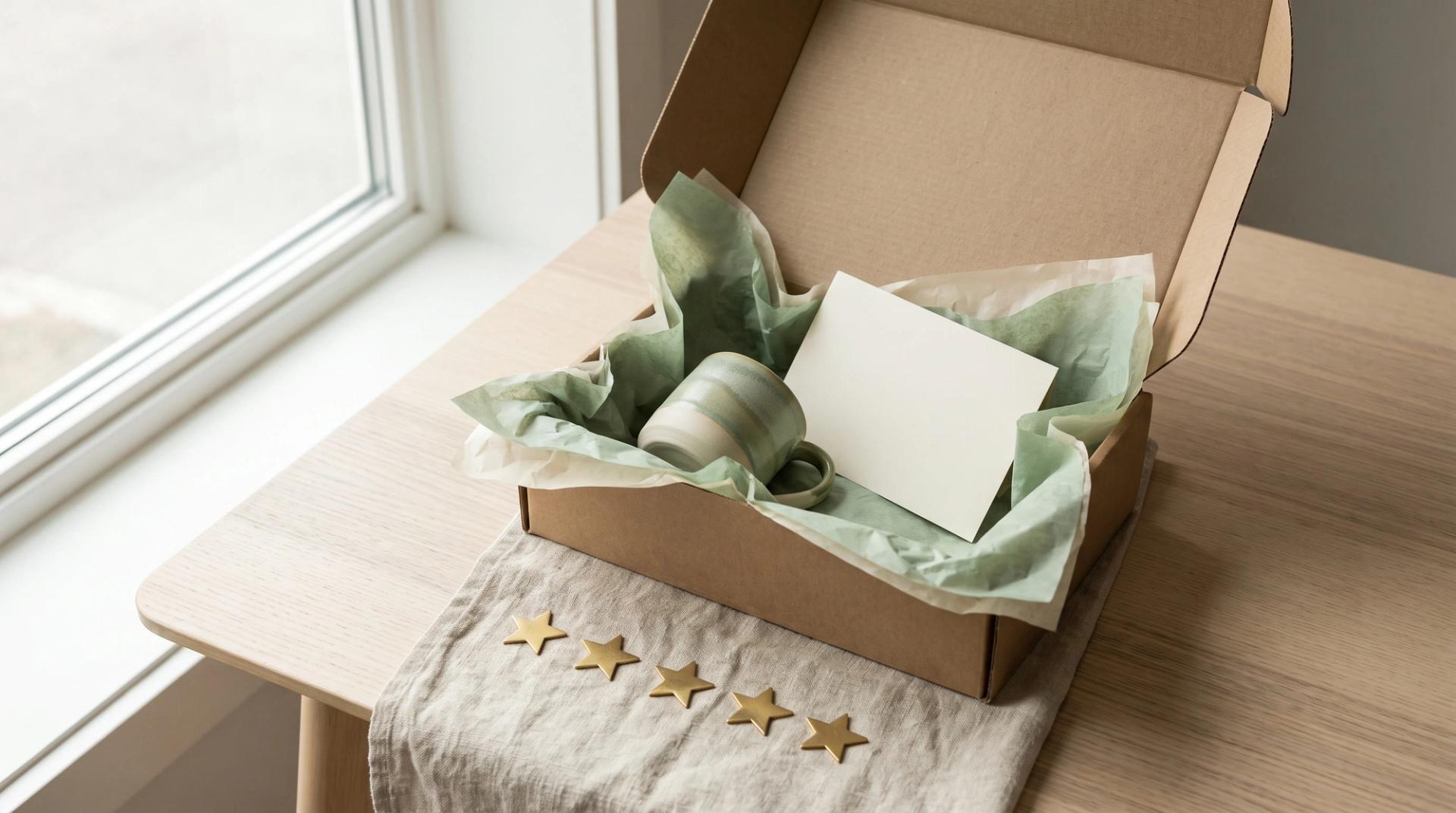 An open cardboard parcel with green tissue paper and a blank card, with five small brass stars laid in a row on linen in front of it