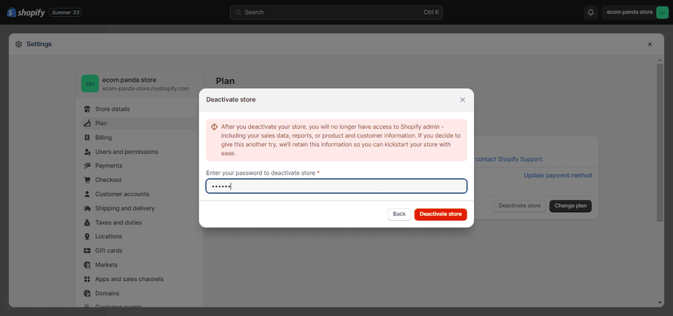 how to delete shopify account
