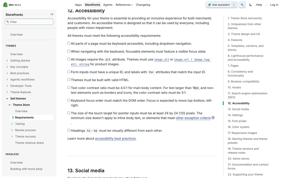 Shopify's Theme Store requirements, section 12 Accessibility, listing keyboard access, focus state, alt, labels, contrast and target size