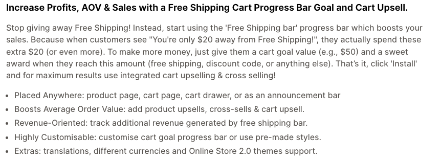 The Essential Free Shipping Bar listing on the Shopify App Store