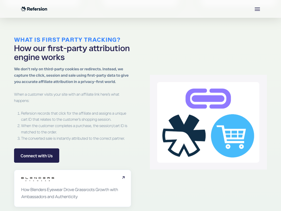 Refersion page describing how first-party attribution works in three steps