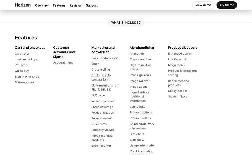 Horizon's feature list on its Theme Store listing