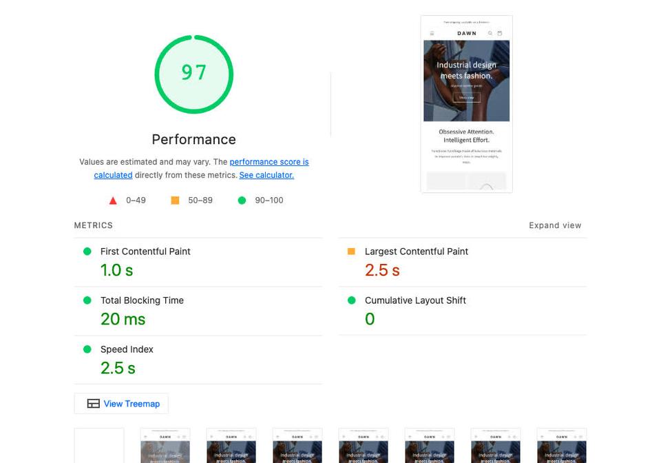 A Lighthouse mobile performance report with a score of 97, LCP of 2.5 seconds, total blocking time of 20 milliseconds and layout shift of 0