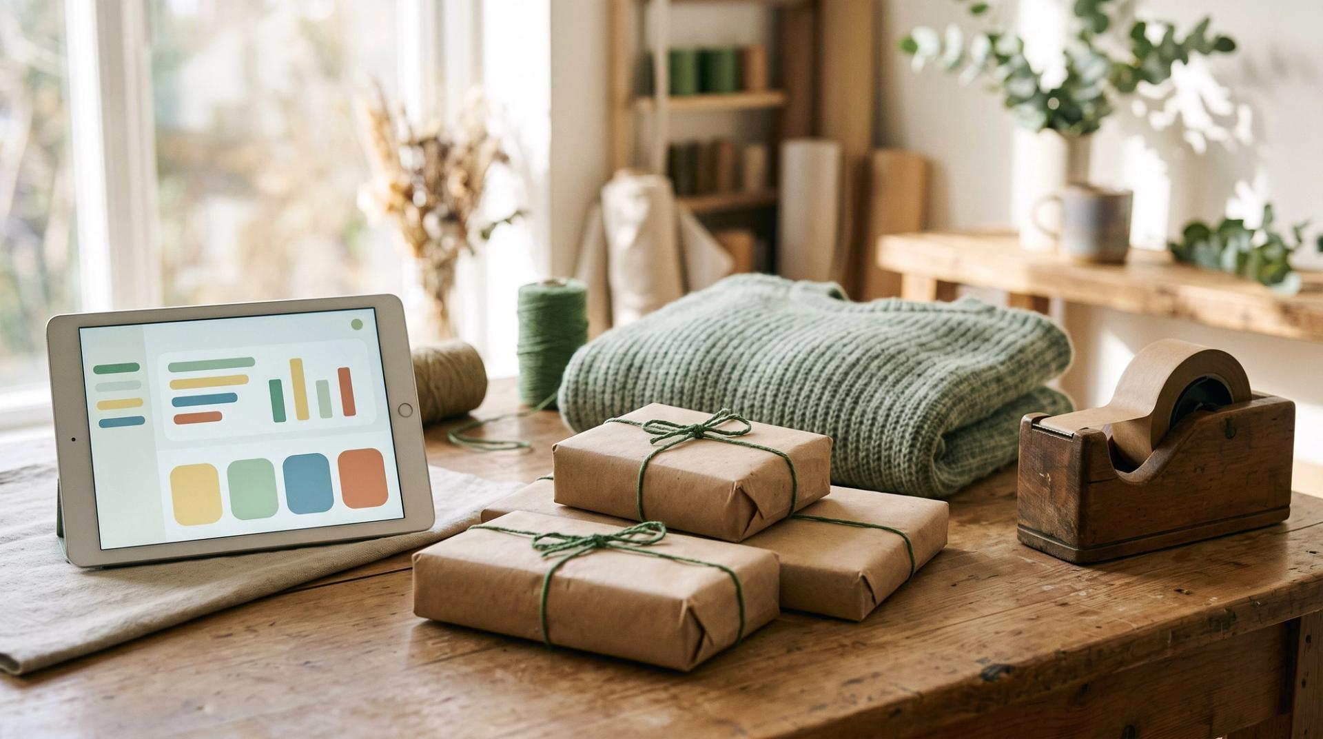 A tablet showing an abstract dashboard, kraft parcels tied with green string and a folded sage sweater on a sunlit packing table
