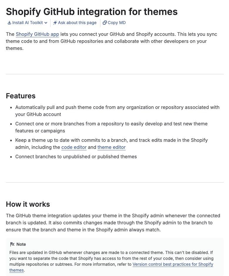 The top of Shopify's documentation page for the GitHub integration for themes, listing its features and a note that files are updated in GitHub whenever a connected theme changes.