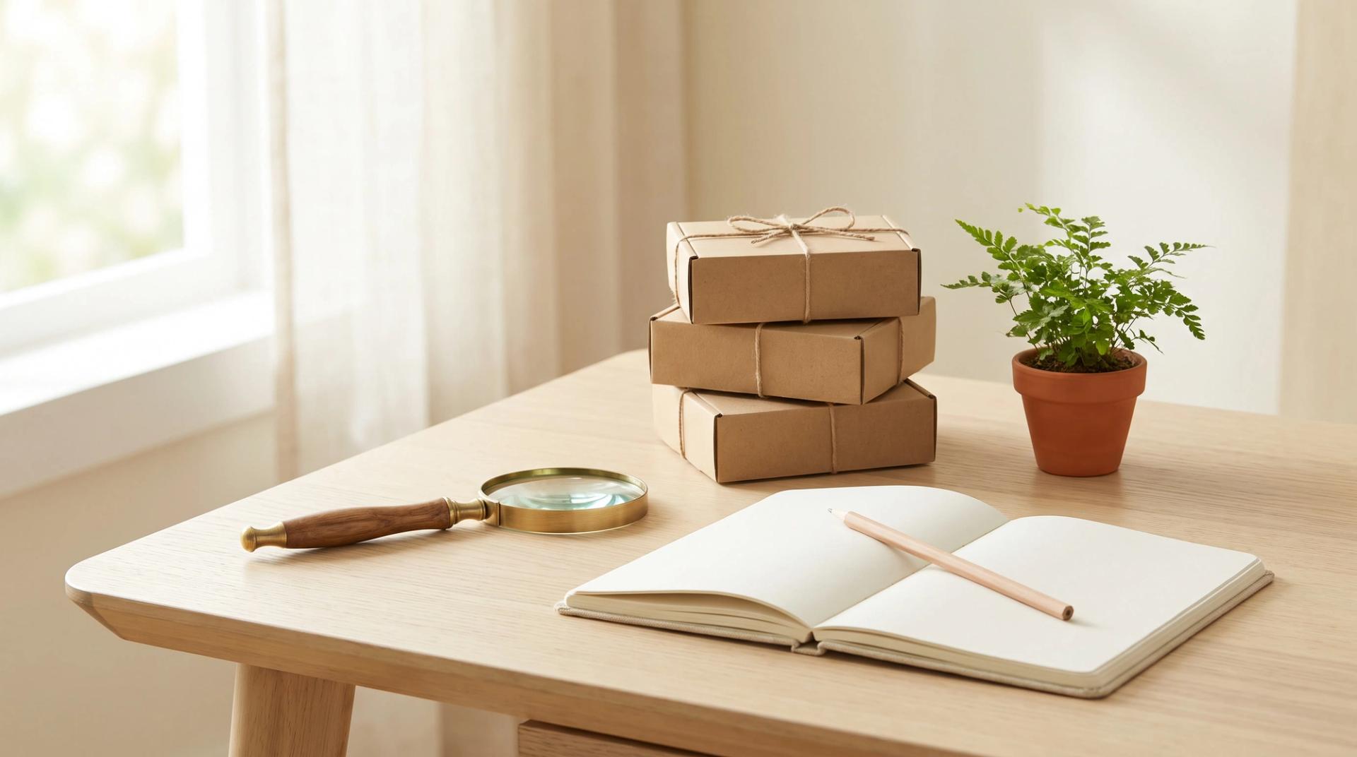 A brass magnifying glass, a stack of kraft parcels, a small plant and an open blank notebook on a pale oak desk