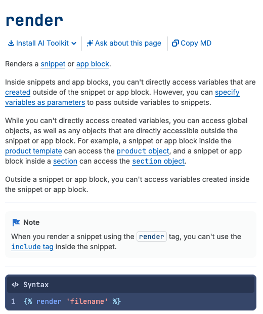 The Liquid render tag reference page on shopify.dev