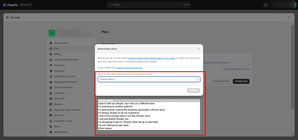 how to delete shopify account