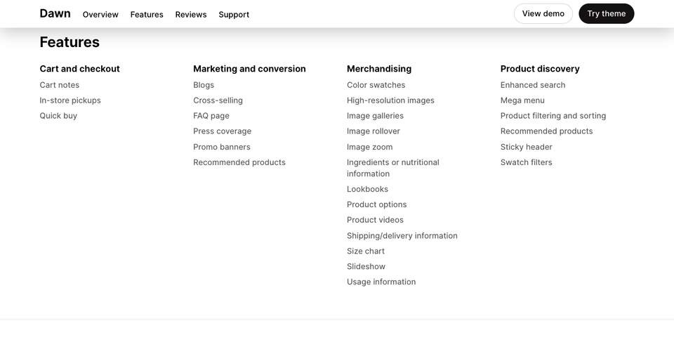 Dawn's feature list on its Theme Store listing