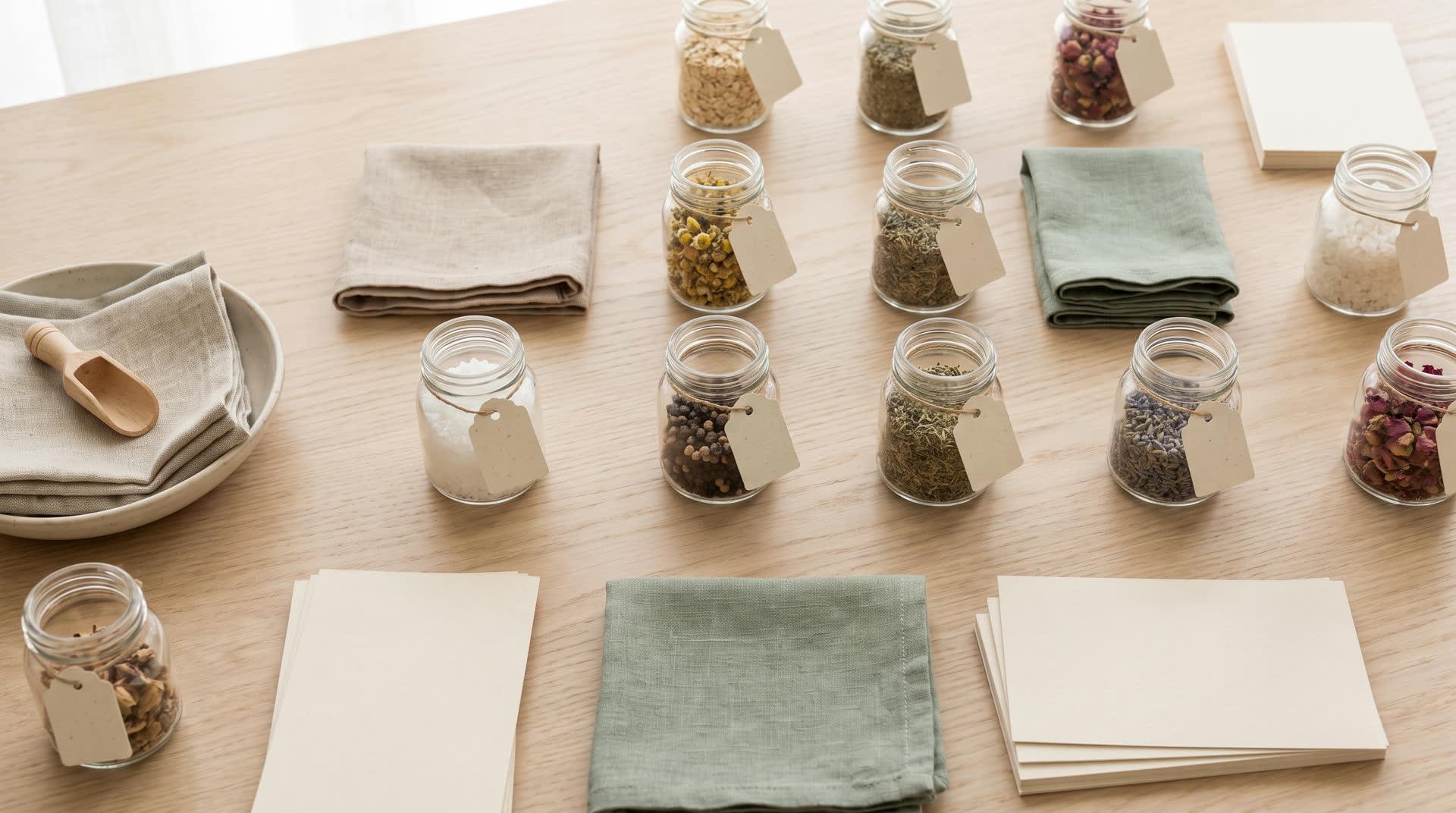 A pale oak desk seen from above, covered in small glass jars of oats, herbs and salt with blank paper tags, beside folded linen swatches and index cards