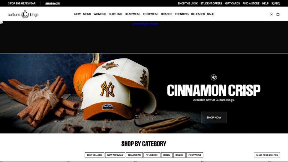 Screenshot of the Culture Kings homepage, taken on 16 October 2026