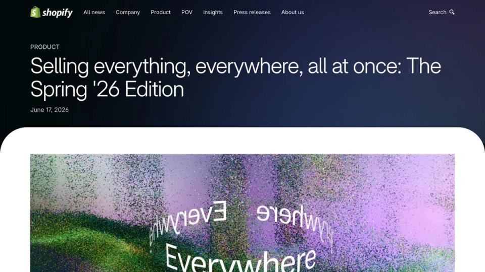 Screenshot of Shopify's Spring '26 Edition announcement, taken on 16 October 2026