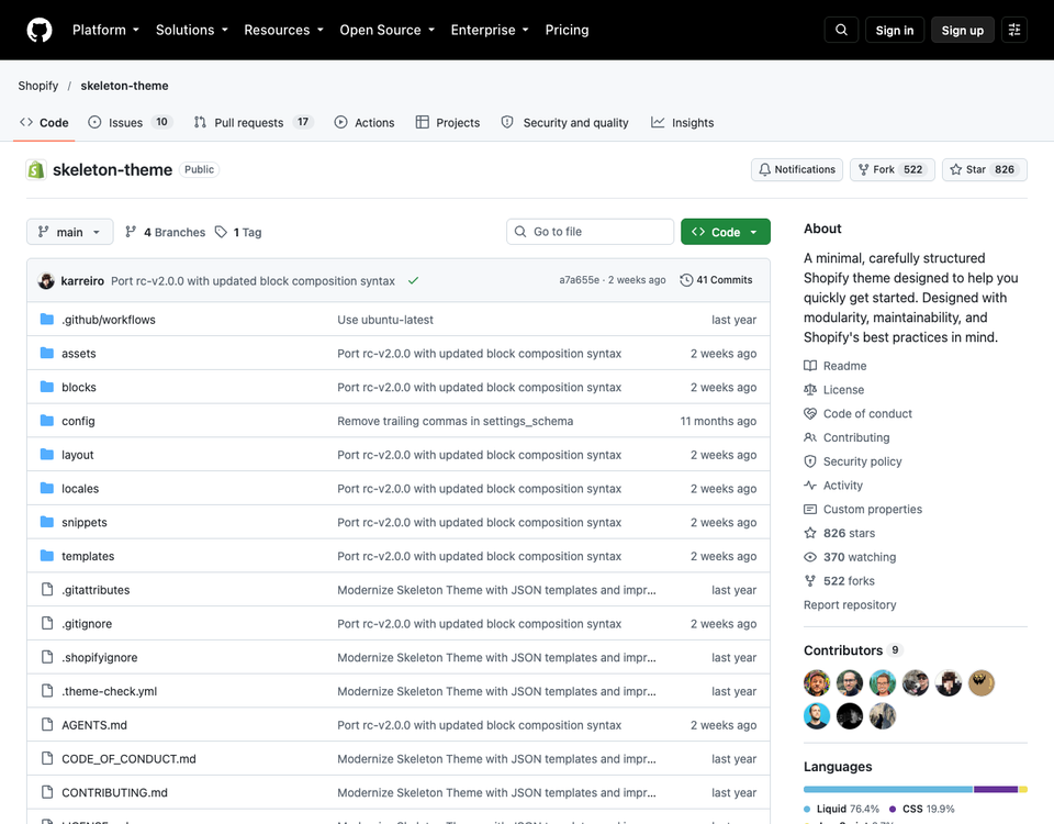 The Shopify skeleton-theme repository on GitHub showing the main branch, one tag, and the folders assets, blocks, config, layout, locales, snippets and templates