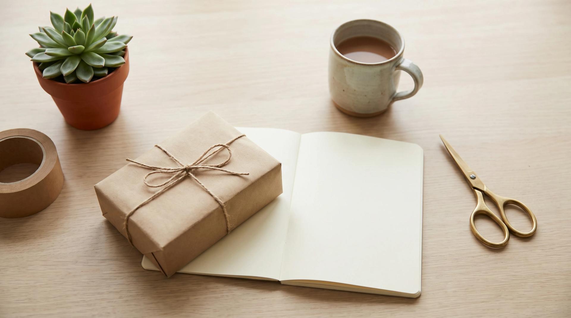 A kraft paper parcel tied with twine on an open blank notebook, with scissors, a mug and a small plant on a pale oak desk